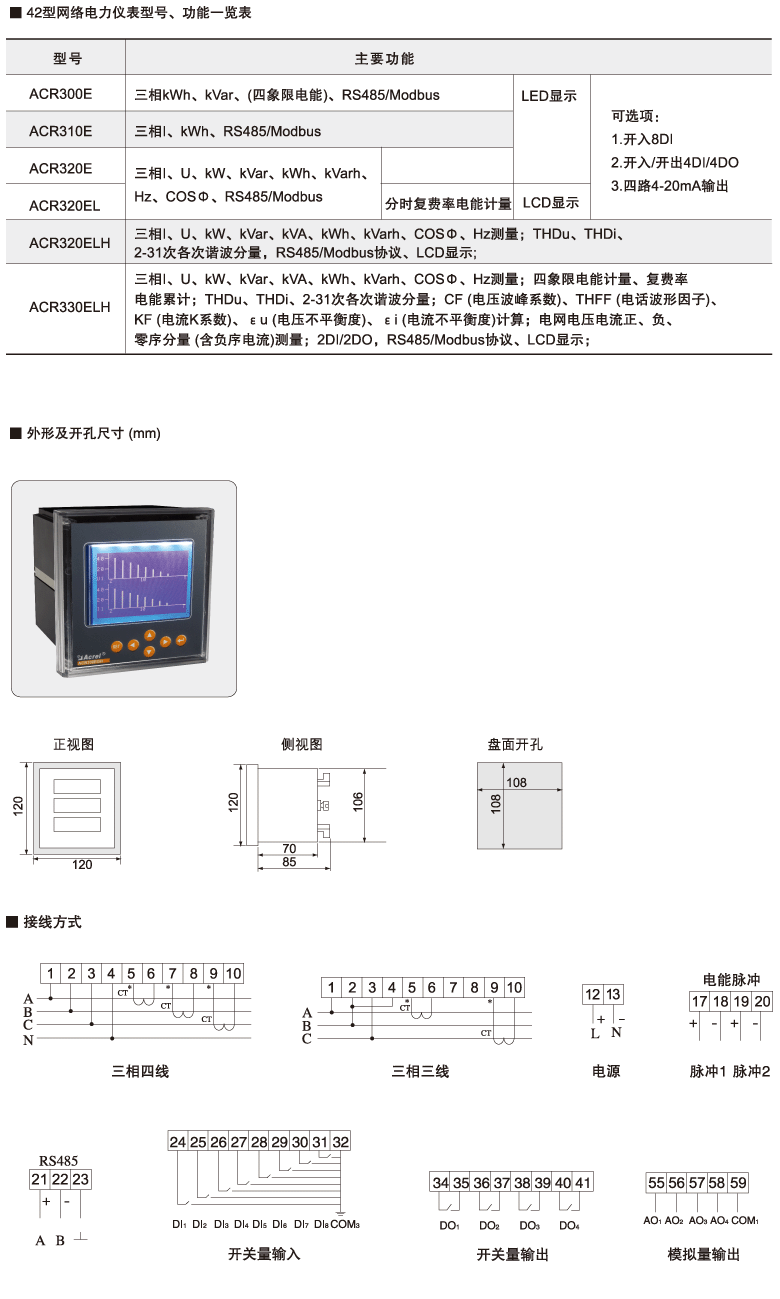 * 可直接从电流、电压互感器接入信号; * 可任意设定PT/CT变化 * 可直接从电流、电压互感器接入信号; * 仪表显示可滚动; * 多块仪表可设置不同地址; * I/O开关量,继电器报警输出,4-20mA模拟量等功能模块化设计; * 可通讯接入SCADA、PLC系统中,可与业界多种软件通讯(Intouch,Fix,Citec,组态王等); * LED或蓝屏背光LCD显示,可视度高; * 方便安装,接线简单,工程量小; * 仪表采用专用掉电保护电路,在掉电情况下,电能保存不丢失,恢复电源后,电能继续走字